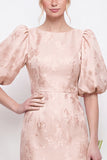 Green Boat Neck Floral Jacquard Sheath Bridesmaid Dress with Puff Sleeves