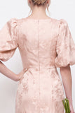 Green Boat Neck Floral Jacquard Sheath Bridesmaid Dress with Puff Sleeves