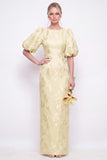Green Boat Neck Floral Jacquard Sheath Bridesmaid Dress with Puff Sleeves