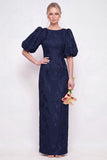 Green Boat Neck Floral Jacquard Sheath Bridesmaid Dress with Puff Sleeves