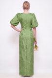 Green Boat Neck Floral Jacquard Sheath Bridesmaid Dress with Puff Sleeves