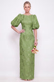 Green Boat Neck Floral Jacquard Sheath Bridesmaid Dress with Puff Sleeves