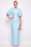 Green Boat Neck Floral Jacquard Sheath Bridesmaid Dress with Puff Sleeves