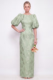 Green Boat Neck Floral Jacquard Sheath Bridesmaid Dress with Puff Sleeves