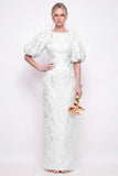 Green Boat Neck Floral Jacquard Sheath Bridesmaid Dress with Puff Sleeves
