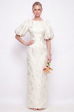 Green Boat Neck Floral Jacquard Sheath Bridesmaid Dress with Puff Sleeves