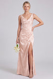 Blush Pink Floral Jacquard Corset Bridesmaid Dress with Slit