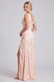 Blush Pink Floral Jacquard Corset Bridesmaid Dress with Slit