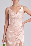 Blush Pink Floral Jacquard Corset Bridesmaid Dress with Slit