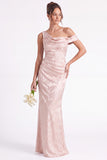 Light Blue Floral Jacquard Asymmetrical Neck Mermaid Long Bridesmaid Dress