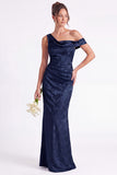 Light Blue Floral Jacquard Asymmetrical Neck Mermaid Long Bridesmaid Dress
