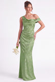 Light Blue Floral Jacquard Asymmetrical Neck Mermaid Long Bridesmaid Dress