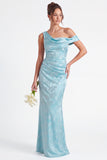 Light Blue Floral Jacquard Asymmetrical Neck Mermaid Long Bridesmaid Dress