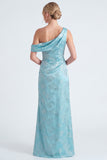 Light Blue Floral Jacquard Asymmetrical Neck Mermaid Long Bridesmaid Dress