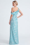 Light Blue Floral Jacquard Asymmetrical Neck Mermaid Long Bridesmaid Dress