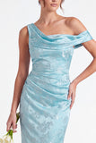 Light Blue Floral Jacquard Asymmetrical Neck Mermaid Long Bridesmaid Dress