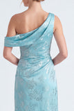 Light Blue Floral Jacquard Asymmetrical Neck Mermaid Long Bridesmaid Dress