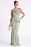 Light Blue Floral Jacquard Asymmetrical Neck Mermaid Long Bridesmaid Dress