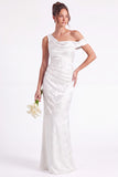 Light Blue Floral Jacquard Asymmetrical Neck Mermaid Long Bridesmaid Dress