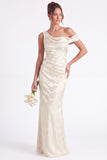 Light Blue Floral Jacquard Asymmetrical Neck Mermaid Long Bridesmaid Dress
