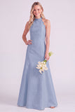 Light Blue Halter A Line Long Bridesmaid Dress