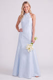 Light Blue Halter A Line Long Bridesmaid Dress