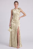 Sage Floral Jacquard 3D Flower Backless Long Bridesmaid Dress with Slit