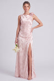 Sage Floral Jacquard 3D Flower Backless Long Bridesmaid Dress with Slit