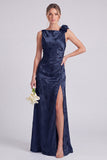 Sage Floral Jacquard 3D Flower Backless Long Bridesmaid Dress with Slit