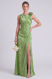 Sage Floral Jacquard 3D Flower Backless Long Bridesmaid Dress with Slit