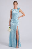 Sage Floral Jacquard 3D Flower Backless Long Bridesmaid Dress with Slit