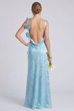 Sage Floral Jacquard 3D Flower Backless Long Bridesmaid Dress with Slit