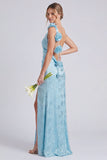 Sage Floral Jacquard 3D Flower Backless Long Bridesmaid Dress with Slit