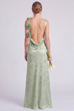 Sage Floral Jacquard 3D Flower Backless Long Bridesmaid Dress with Slit