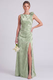 Sage Floral Jacquard 3D Flower Backless Long Bridesmaid Dress with Slit