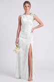 Sage Floral Jacquard 3D Flower Backless Long Bridesmaid Dress with Slit