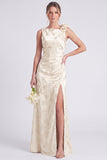 Sage Floral Jacquard 3D Flower Backless Long Bridesmaid Dress with Slit