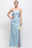 Strapless Blush Pink Jacquard Floral Bridesmaid Dress with Giant Bow