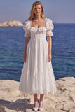 White A Line Lace Corset Engagement Dress with Puff Sleeves