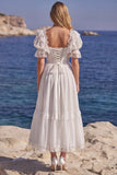 White A Line Lace Corset Engagement Dress with Puff Sleeves