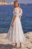 White A Line Lace Corset Engagement Dress with Puff Sleeves