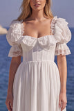 White A Line Lace Corset Engagement Dress with Puff Sleeves