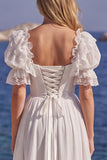 White A Line Lace Corset Engagement Dress with Puff Sleeves