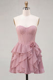 Strapless Corset A Line Ruffle Pink Homecoming Dress