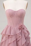 Strapless Corset A Line Ruffle Pink Homecoming Dress