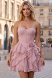Strapless Corset A Line Ruffle Pink Homecoming Dress