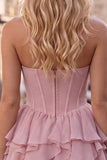 Strapless Corset A Line Ruffle Pink Homecoming Dress