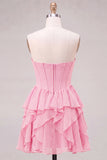 Strapless Corset A Line Ruffle Pink Homecoming Dress