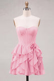 Strapless Corset A Line Ruffle Pink Homecoming Dress