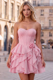Strapless Corset A Line Ruffle Pink Homecoming Dress